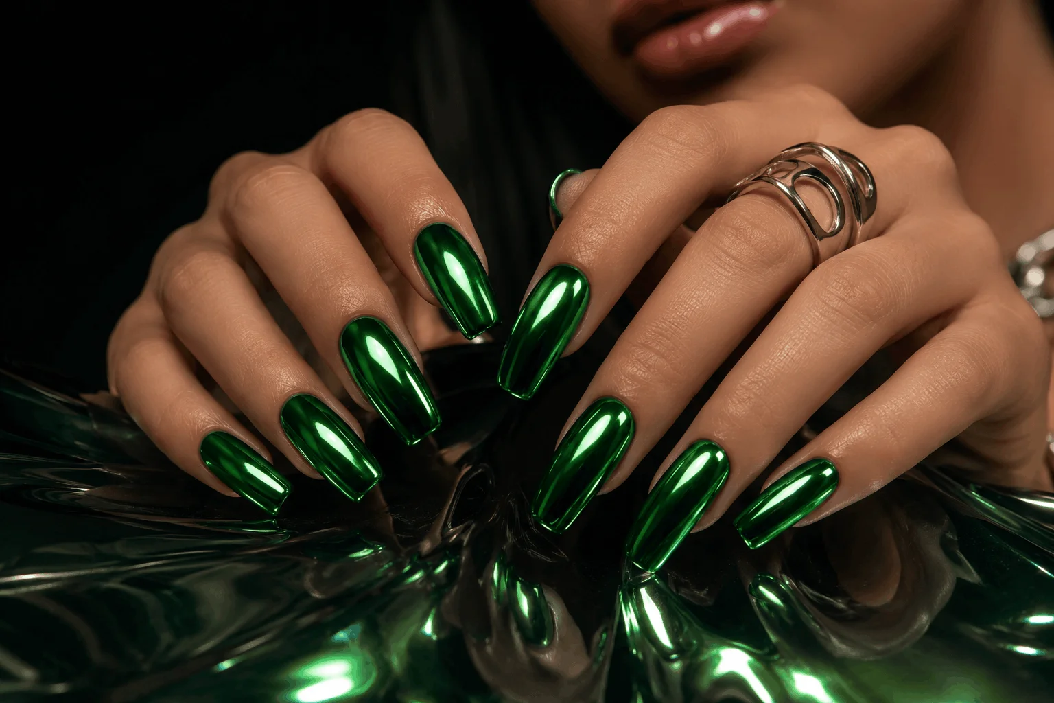 10 Green Nail Ideas Trending Everywhere This Year 8 Reflective green chrome nails trend