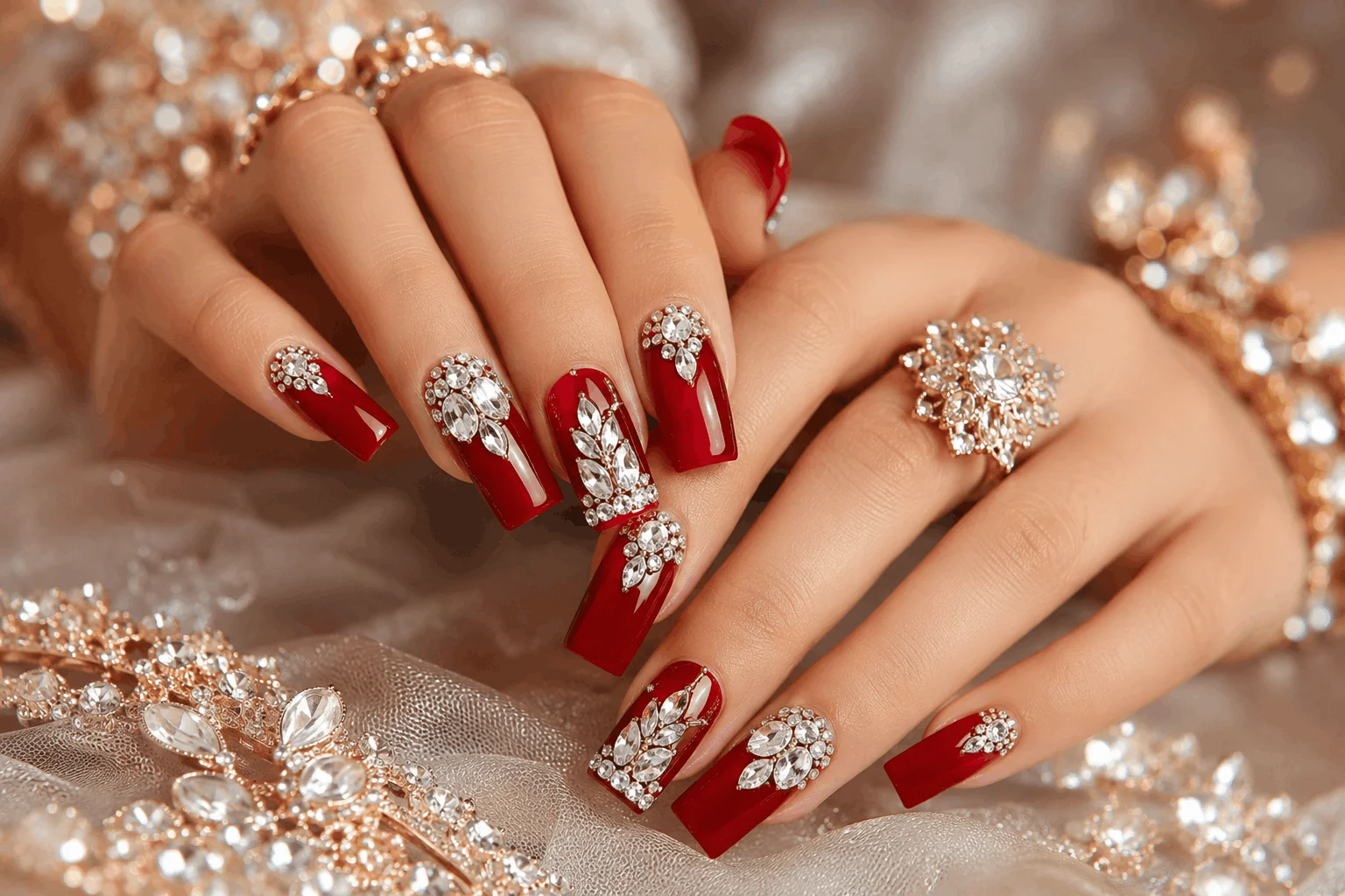 10 Stunning Red Square Acrylic Nails for Every Season 11 Rhinestone red square acrylic nails luxury design