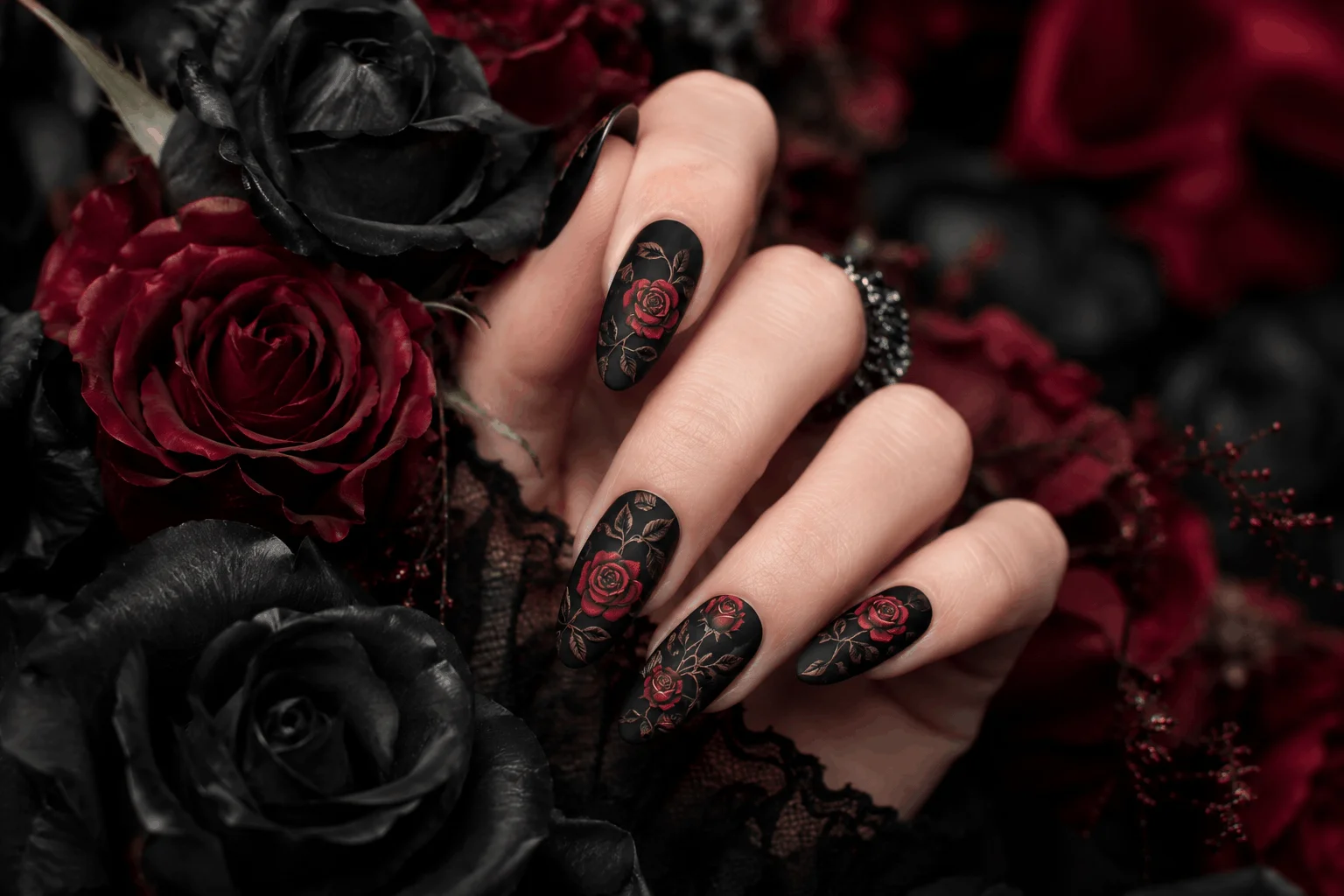 10 Romantic Gothic Nails for a Bold Valentine Statement 5 Romantic gothic nails with black roses