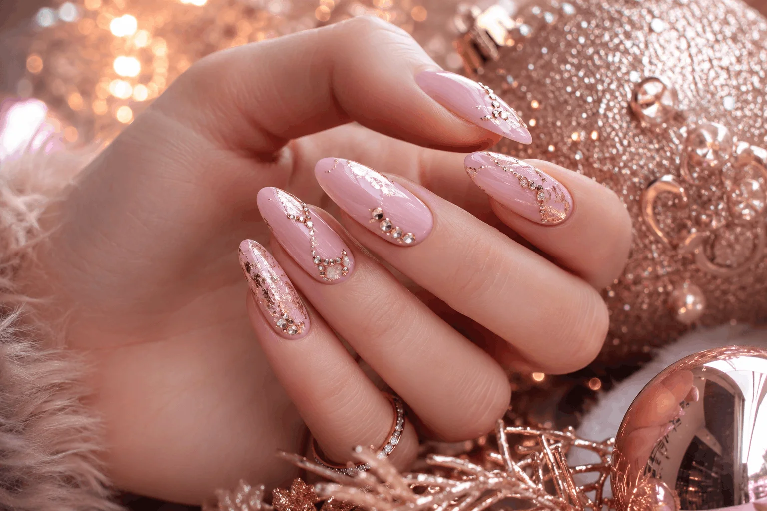 10 Pink Christmas Almond Nails You’ll Want This Season 7 Rose gold and pink Christmas almond nails with rhinestones