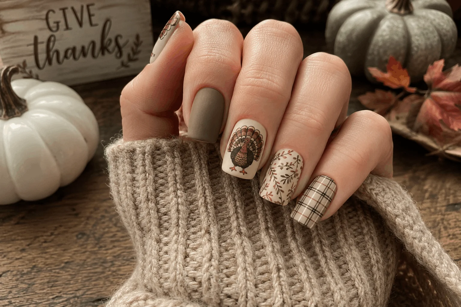 12 Turkey Nails That Will Steal Thanksgiving Attention 6 Rustic farmhouse turkey nail design inspiration