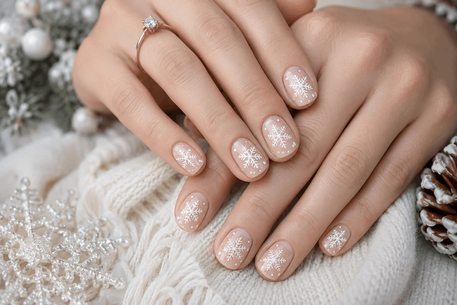 11 Christmas Short Gel Nails Perfect for Winter 3 Short gel nails with elegant white snowflake nail art