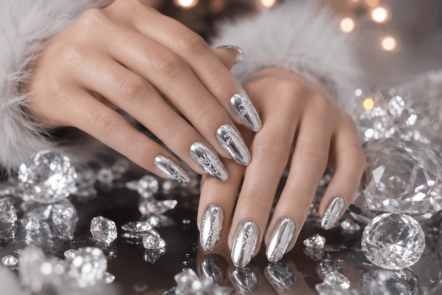 12 Christmas Gel Nails Everyone Will Save This Winter 8 Silver chrome Christmas gel nails with snowflake details