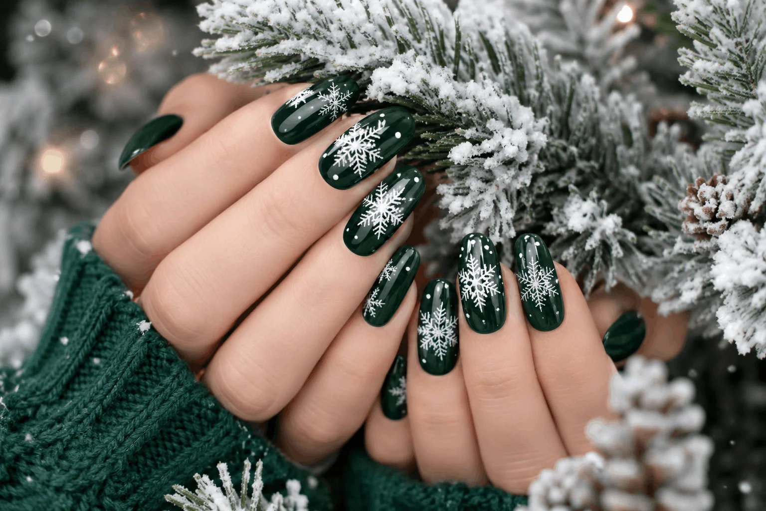 12 Green Christmas Nails That Look Pure Holiday Magic 11 Snowflake green Christmas nails with winter-inspired nail art