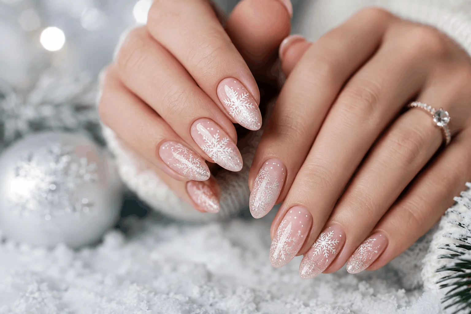 10 Pink Christmas Almond Nails You’ll Want This Season 2 Soft blush pink Christmas almond nails with snowflake nail art