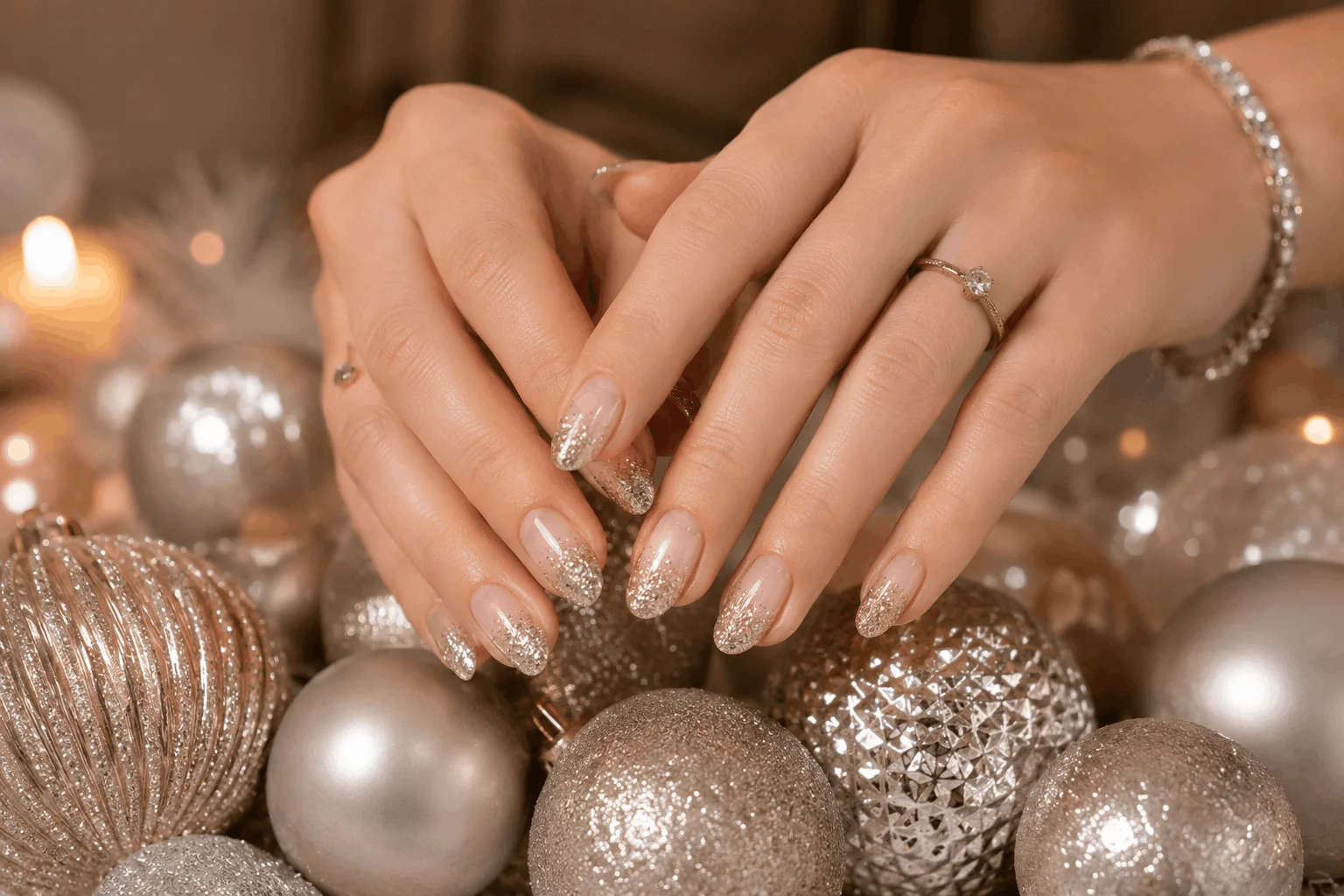 10 Simple Holiday Nails That Instantly Elevate Your Look 5 Soft glitter ombre holiday nails with champagne sparkle