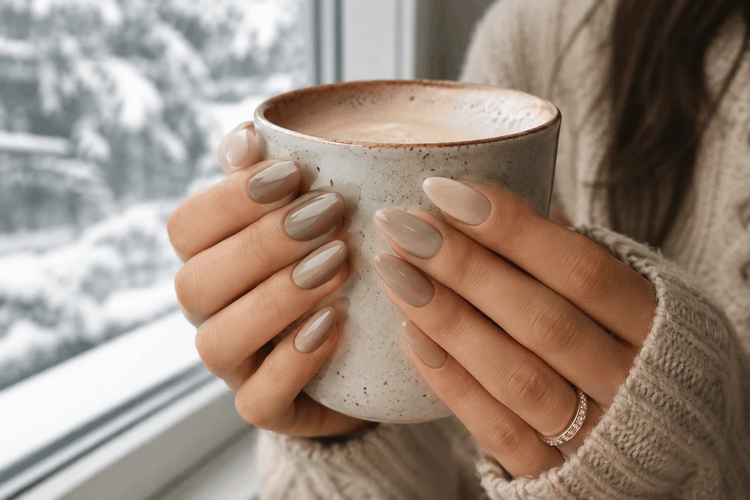 10 Winter Almond Nails That Look So Elegant 3 Soft nude almond nails for winter with elegant glossy finish