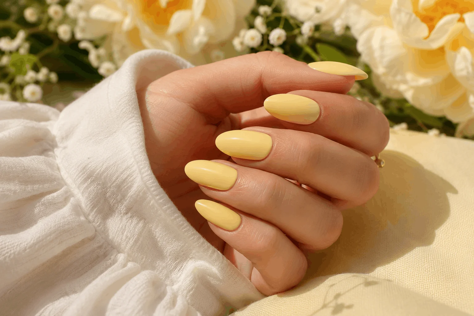 9 Yellow Spring Nails That Are Perfect for Sunny Days 3 Soft pastel yellow nails for everyday spring style