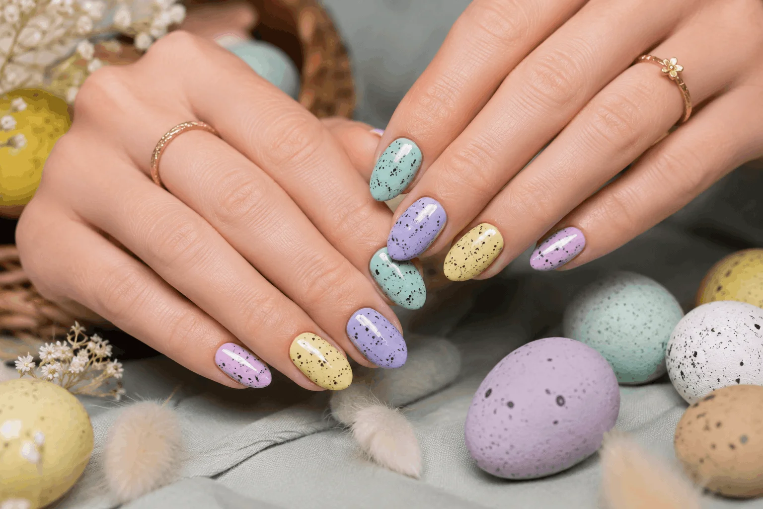 11 Cute Pastel Easter Nails for a Fresh Spring Look 8 Speckled Easter egg manicure in pastel colors