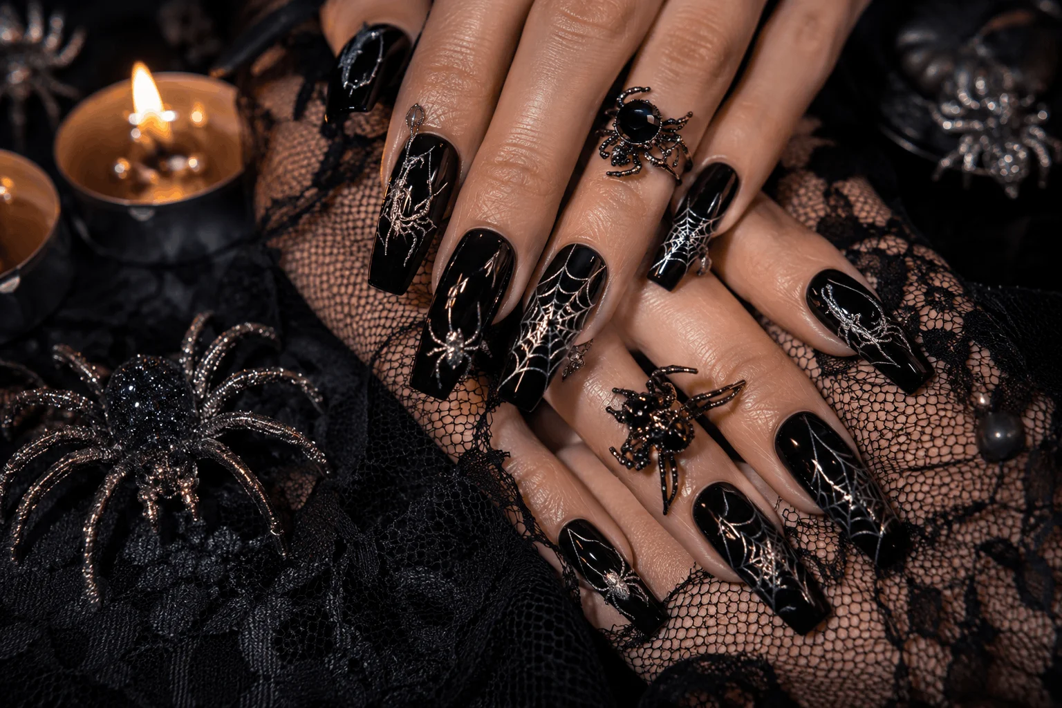 10 Halloween Acrylic Nails You'll Want This Spooky Season 6 Spooky acrylic nails with elegant spider web nail art.