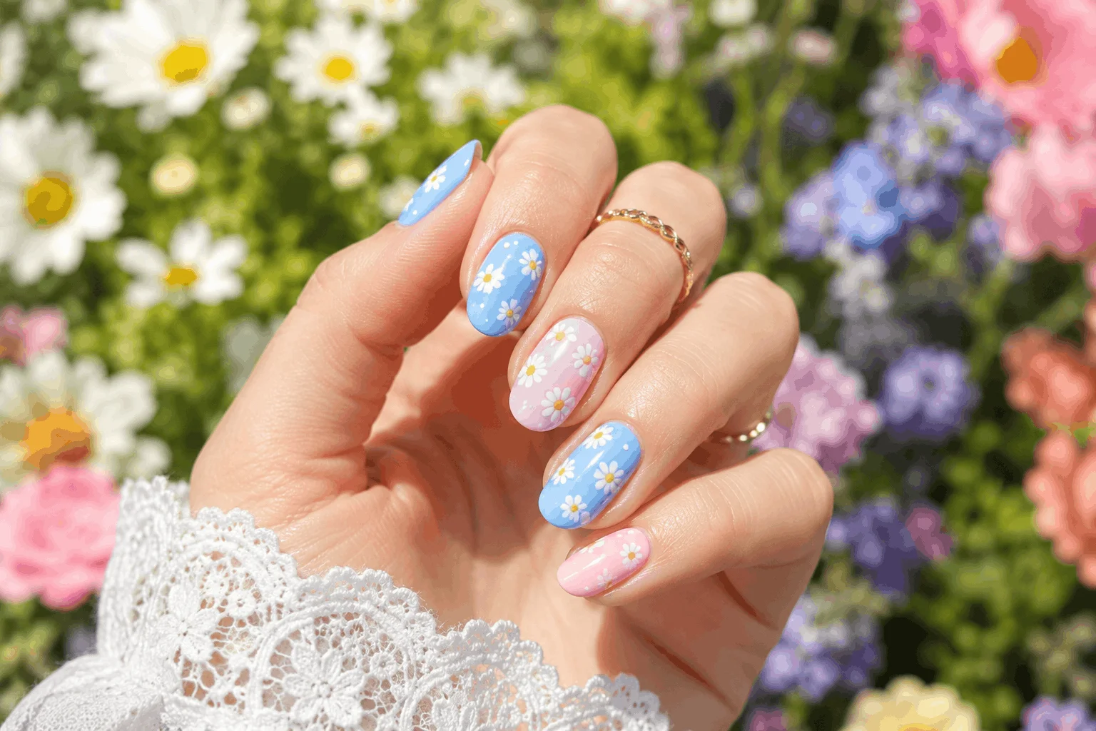 11 Cute Pastel Easter Nails for a Fresh Spring Look 9 Spring pastel Easter nails decorated with daisies