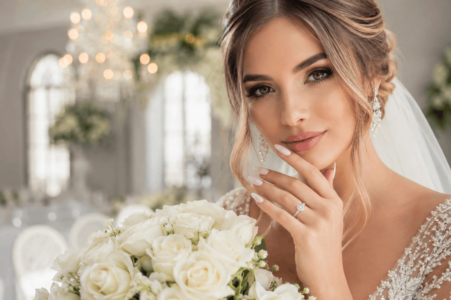 11 Stunning Wedding Nails for Bride to Copy Today 1 Stunning bridal wedding nails on glamorous bride in luxury wedding gown