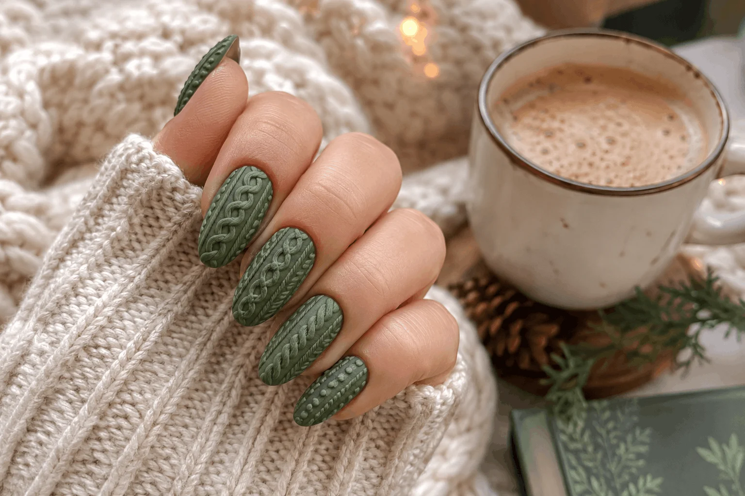 11 Green Winter Nails That Look Stunning This Season 9 Sweater pattern green winter nails