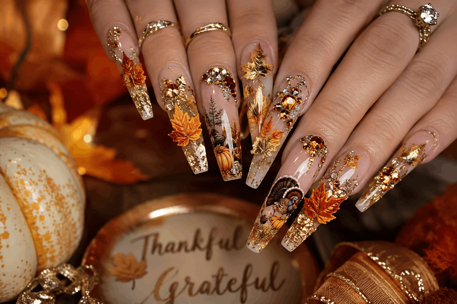 10 Thanksgiving Nail Designs That Steal the Show 7 Thanksgiving acrylic nails with luxury 3D autumn nail art