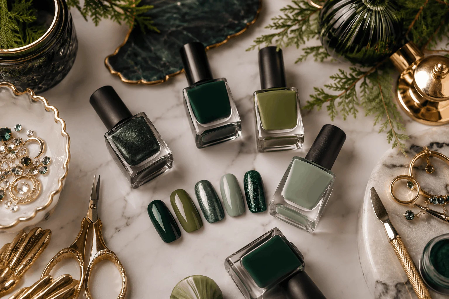 12 Green Christmas Nails That Look Pure Holiday Magic 8 Various green nail polish shades for Christmas manicure inspiration