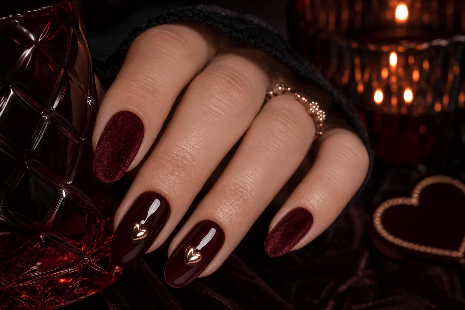 10 Romantic Gothic Nails for a Bold Valentine Statement 6 Velvet gothic Valentine's nail design
