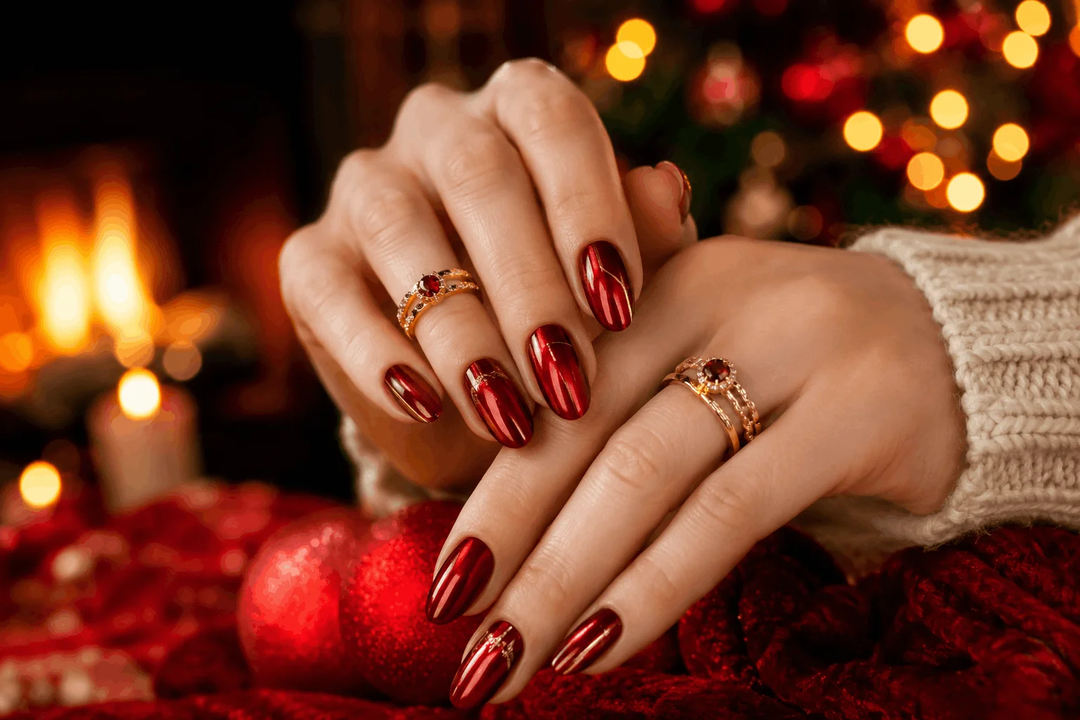 10 Nail Designs for Christmas That Look So Luxe 2 Velvet red Christmas nails with luxurious gold accents