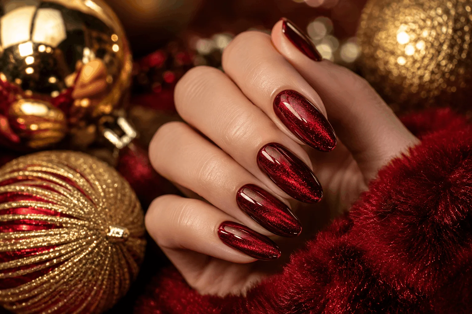10 Christmas Red Nails Everyone Will Save This Year 5 Velvet red chrome Christmas nails with luxury shimmer