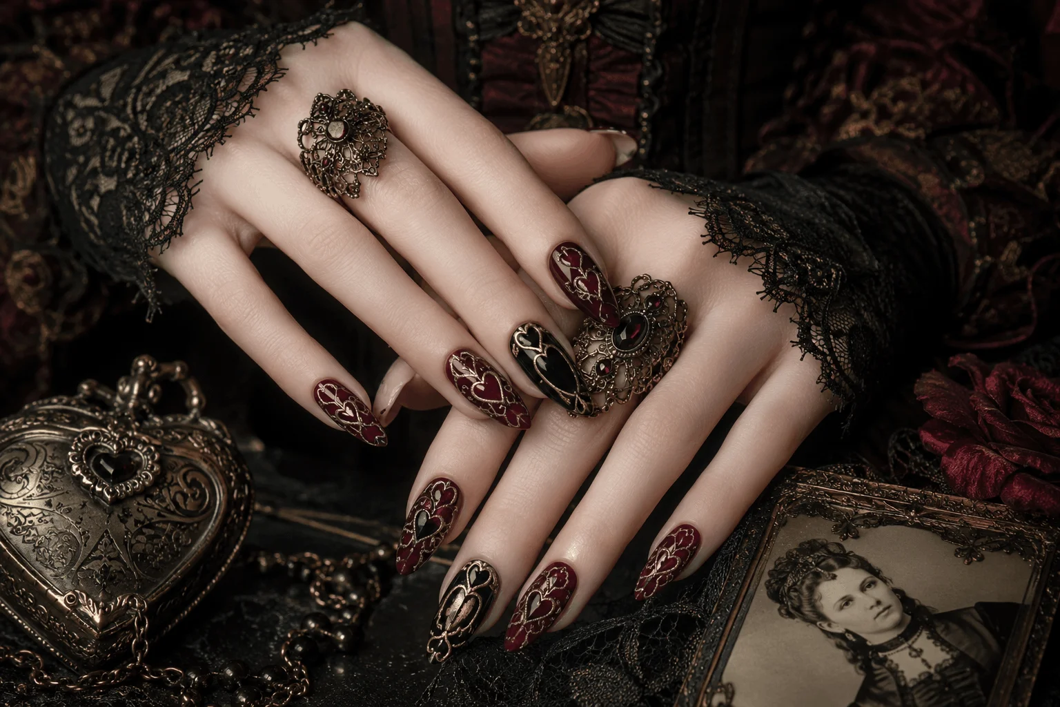 10 Romantic Gothic Nails for a Bold Valentine Statement 11 Victorian gothic heart nail art design
