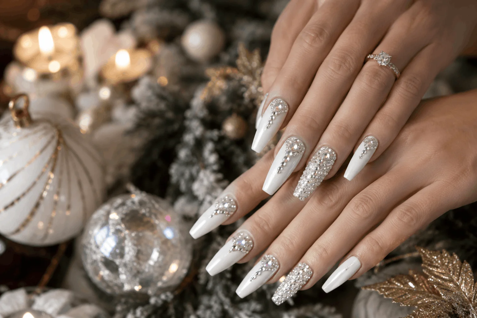 10 White Christmas Nails You'll Want This Winter 7 White Christmas acrylic nails decorated with rhinestones