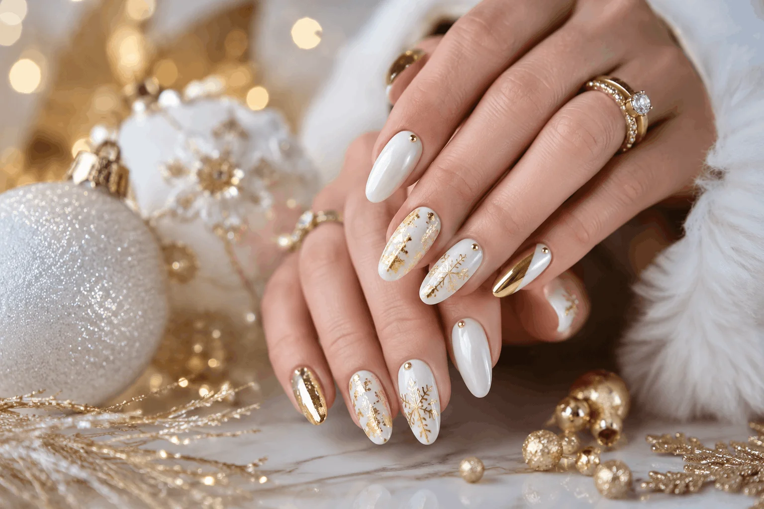 10 White Christmas Nails You'll Want This Winter 11 White and gold luxury Christmas nail design