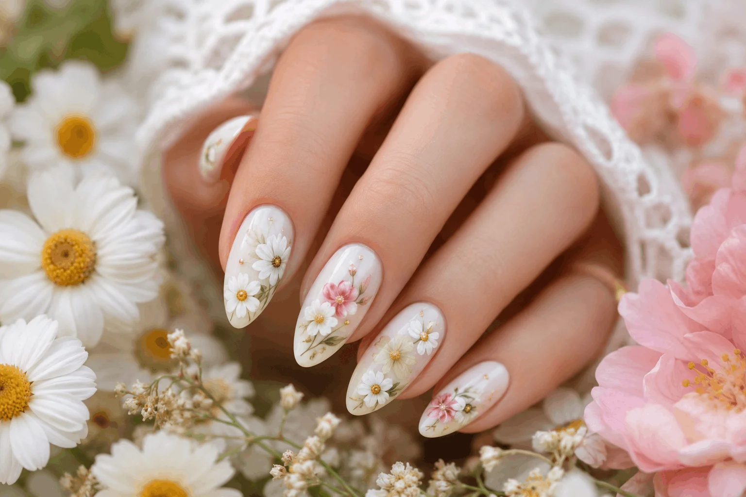 10 White Spring Nails That Scream Effortless Beauty 4 White floral nail art inspired by spring flowers