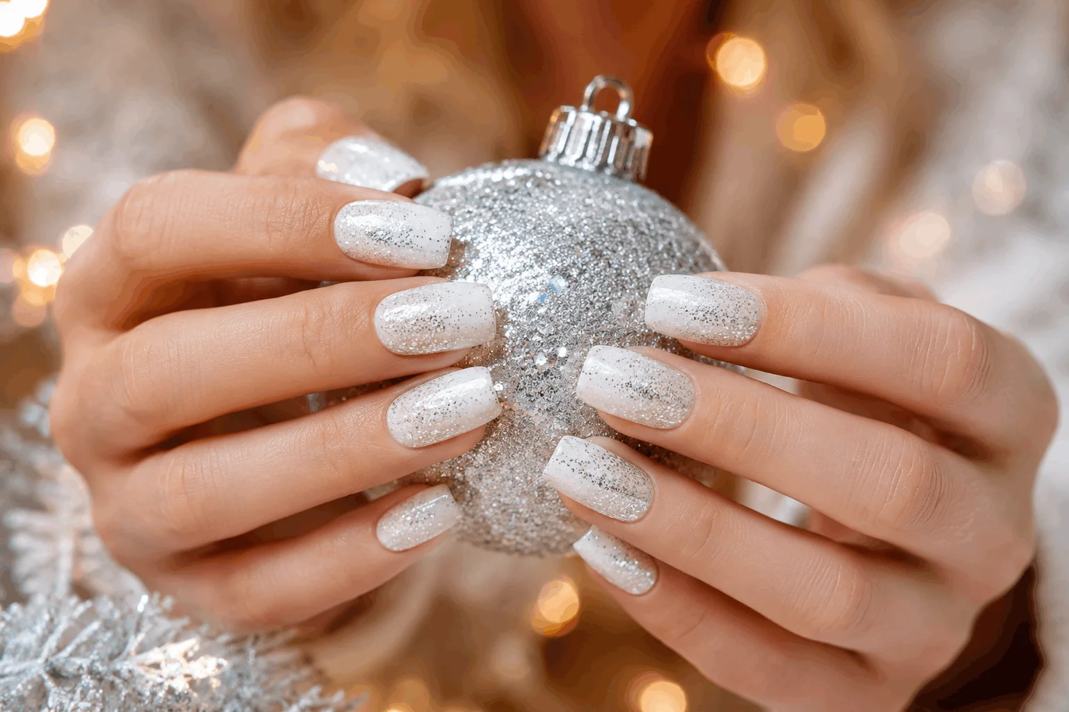 10 White Christmas Nails You'll Want This Winter 4 White glitter Christmas nails with festive sparkle