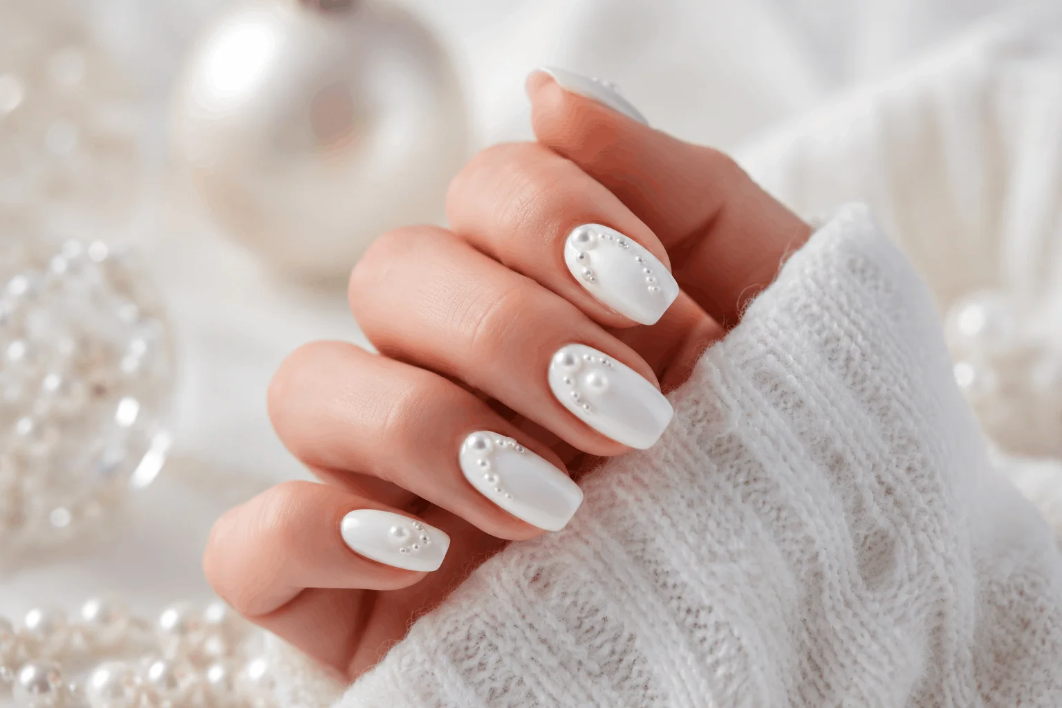 10 White Christmas Nails You'll Want This Winter 8 White holiday nails with pearl embellishments