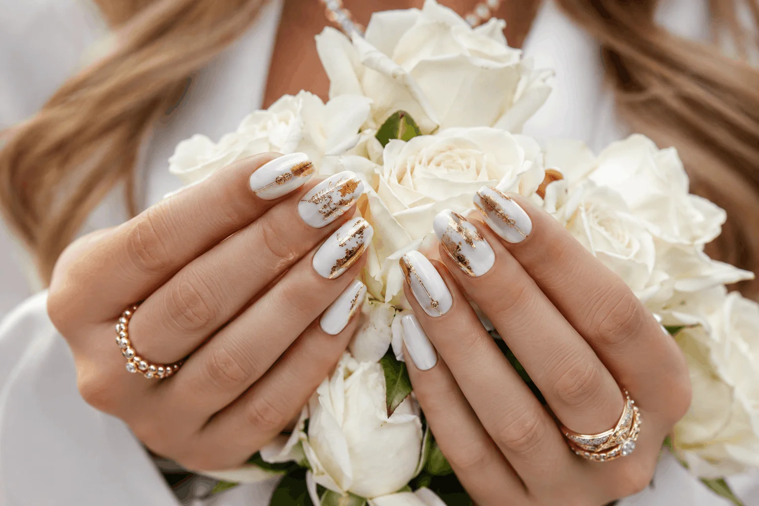 10 White Spring Nails That Scream Effortless Beauty 7 White manicure with luxurious gold nail accents