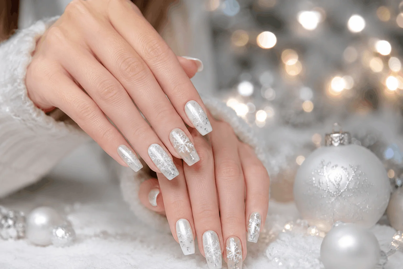 10 White Christmas Nails You'll Want This Winter 3 White snowflake Christmas nails with delicate winter nail art