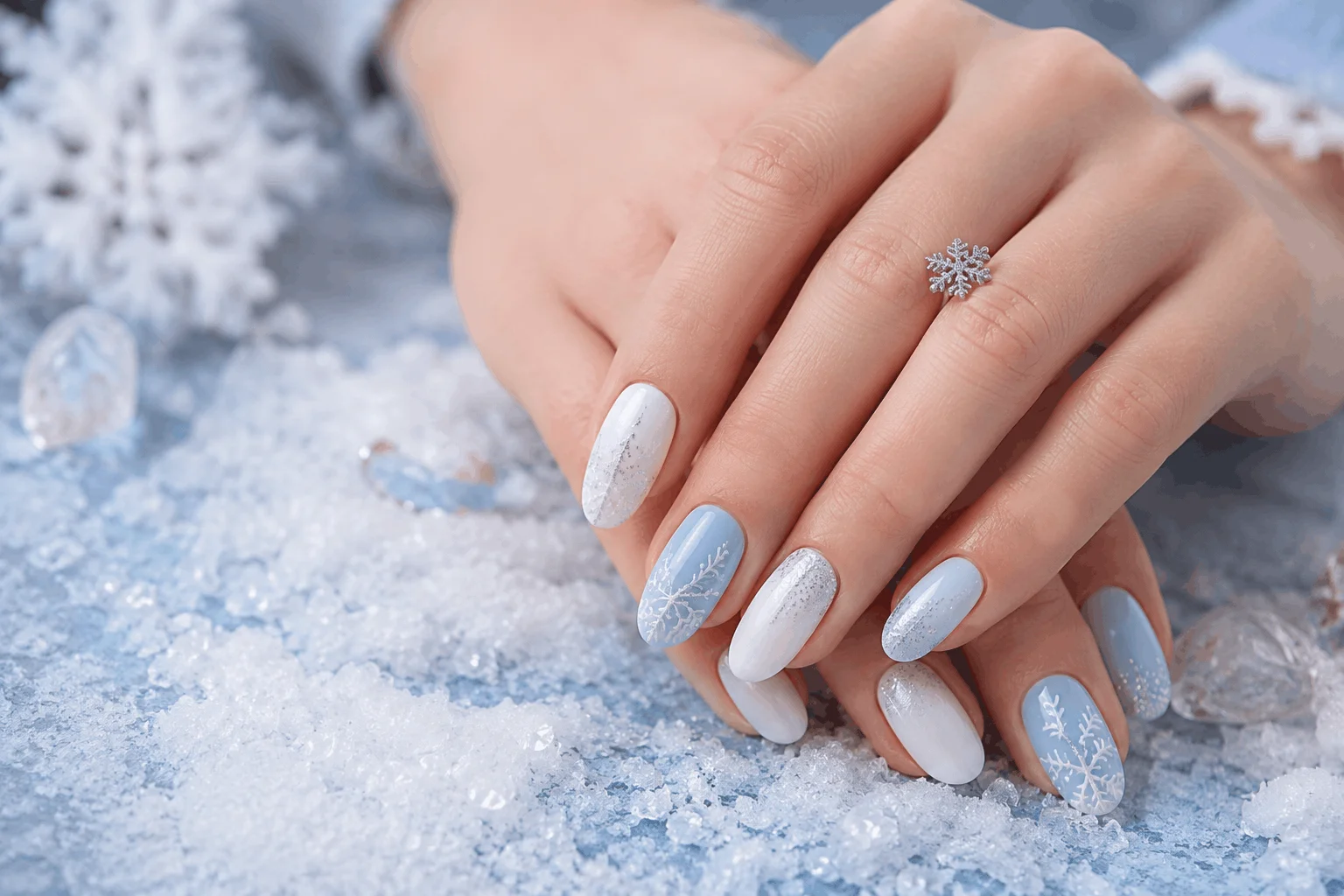 10 Winter Nail Designs That Look Stunning All Winter 2 White snowflake accent winter nails with silver glitter details