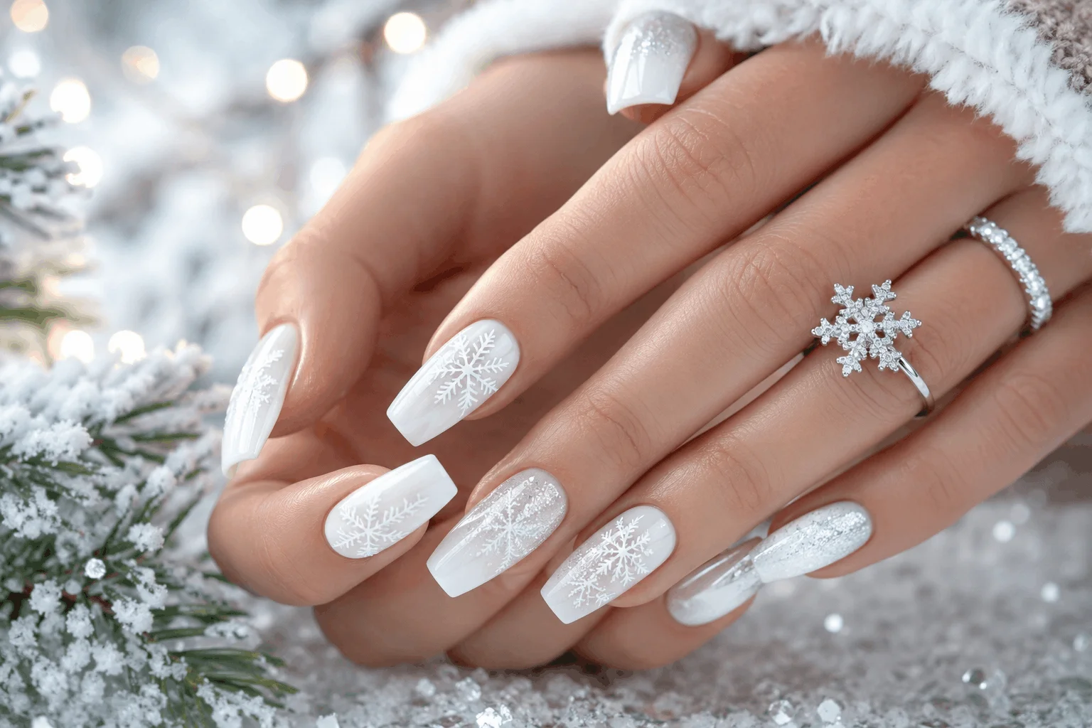 10 Winter Acrylic Nail Designs You'll Want This Season 2 White snowflake winter acrylic nails design