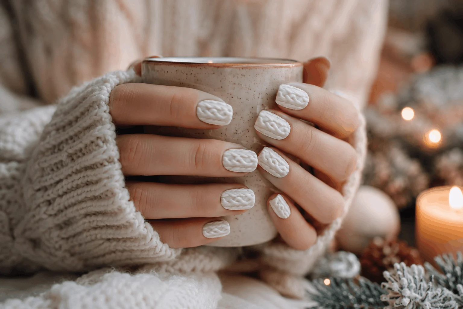 10 White Christmas Nails You'll Want This Winter 5 White sweater pattern nail art for Christmas