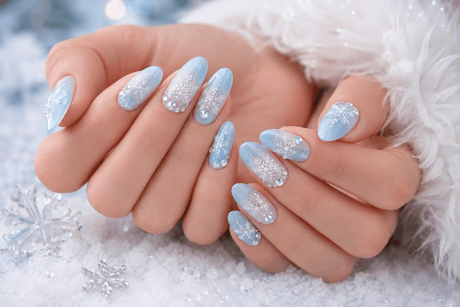10 Winter Almond Nails That Look So Elegant 8 Winter almond gel nails with delicate snowflake nail art