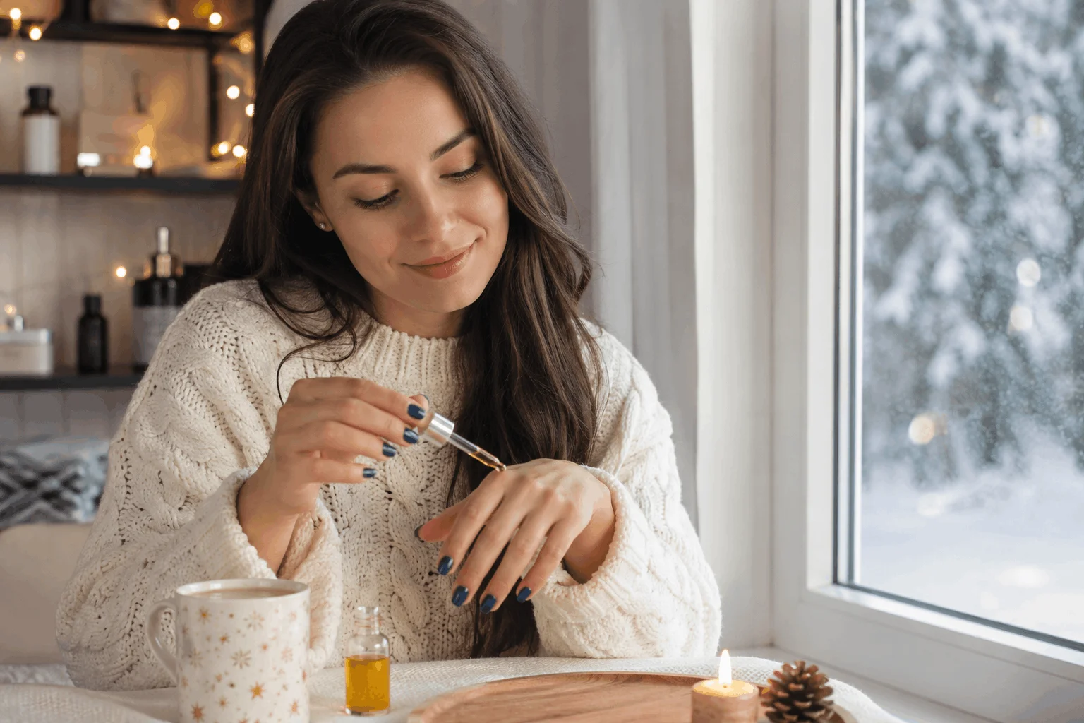 9 Winter Blue Nails That Look Stunning This Season 11 Woman applying cuticle oil to healthy winter nails