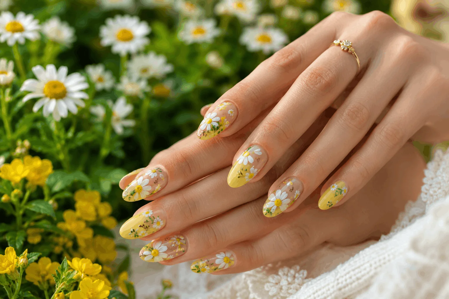 9 Yellow Spring Nails That Are Perfect for Sunny Days 5 Yellow floral nail art with daisy accents