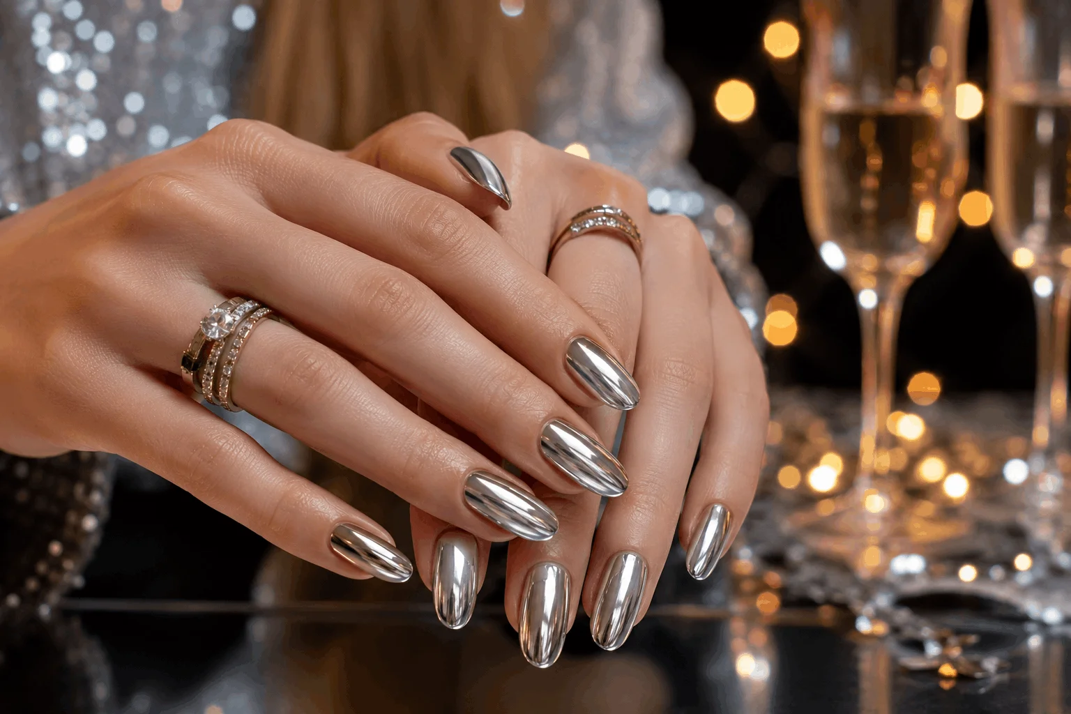 10 New Year Gel Nails That Look Instantly Chic 2 ilver chrome gel nails reflecting New Year lights