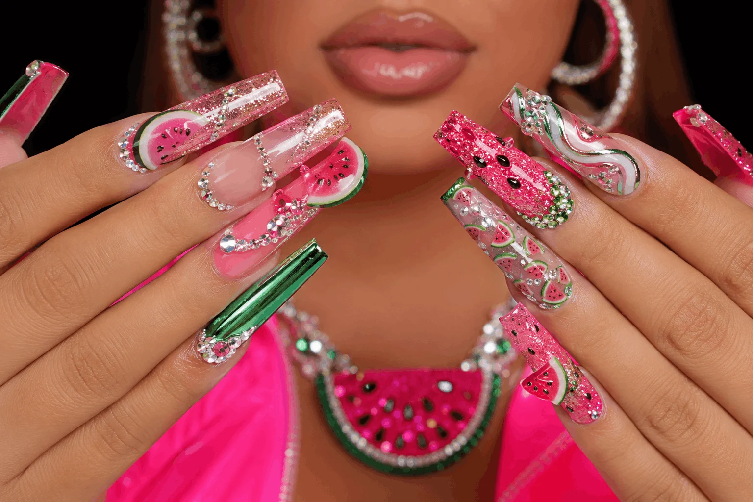 10 Watermelon Nails You'll Want to Copy ASAP 9 Bold watermelon acrylic nails with rhinestones and chrome accents.