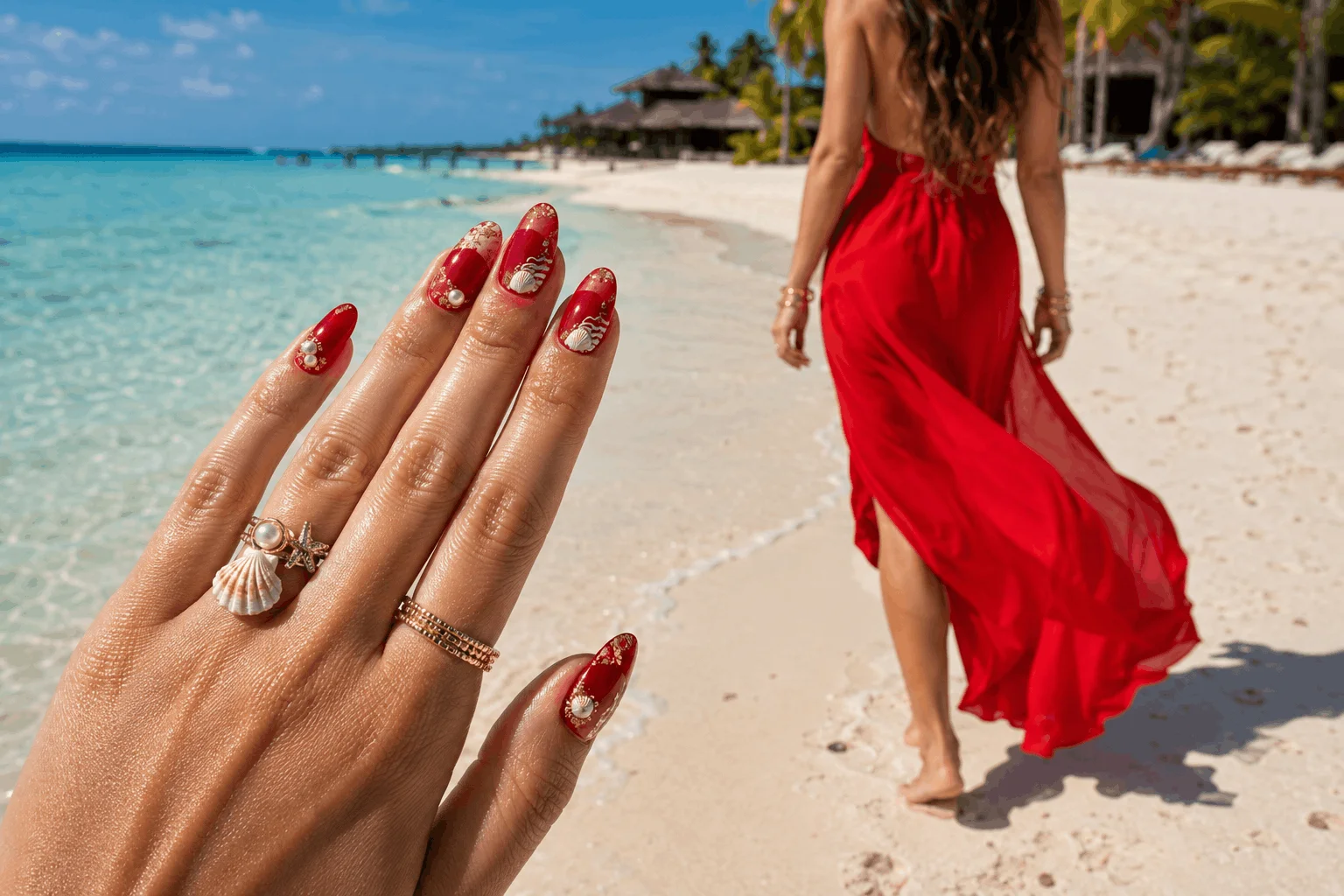 10 Red Nails Summer Ideas You'll Want to Copy Now 3 Cherry red beach nails with seashell nail art.