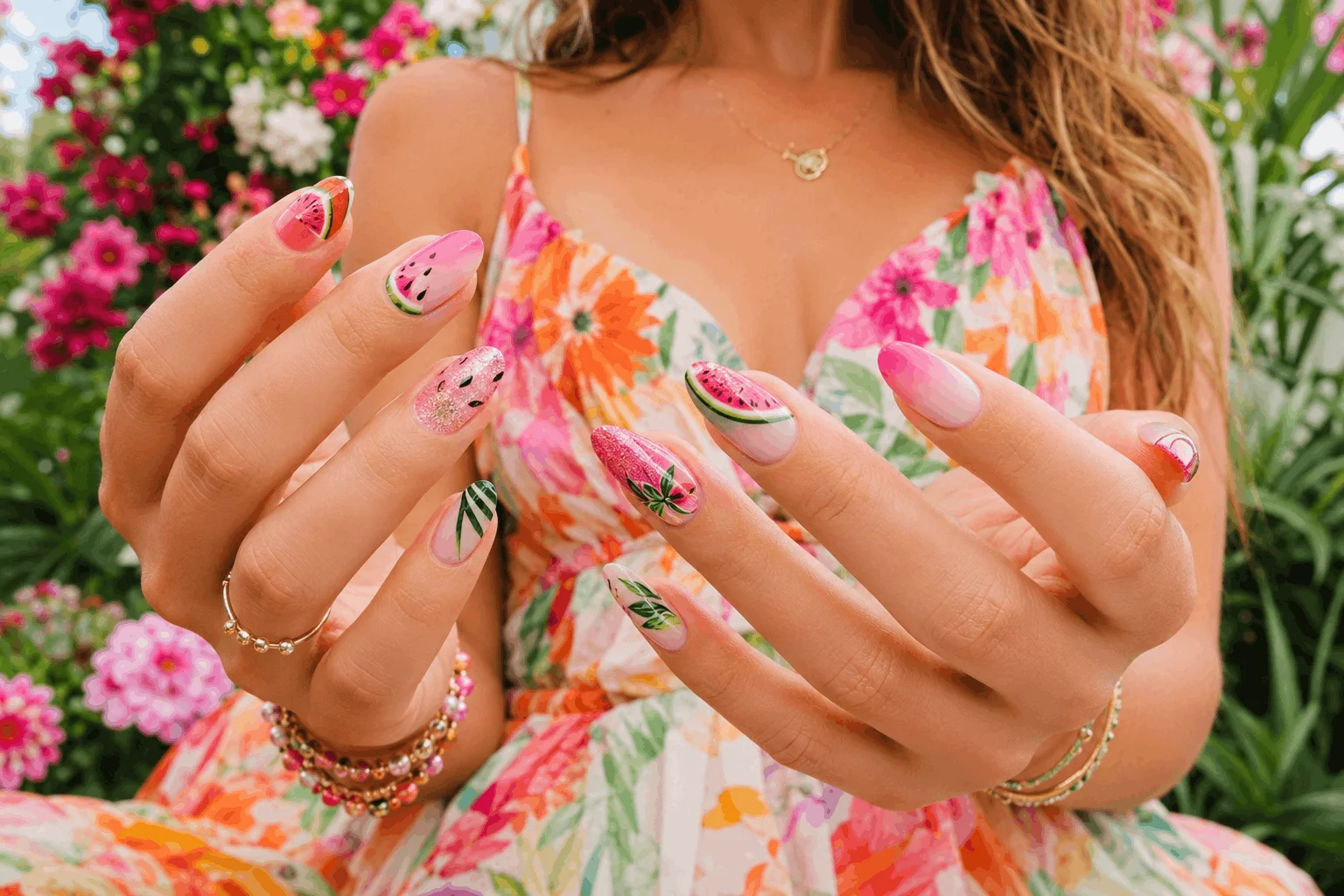 10 Watermelon Nails You'll Want to Copy ASAP 11 Creative mixed watermelon manicure with artistic summer nail designs.
