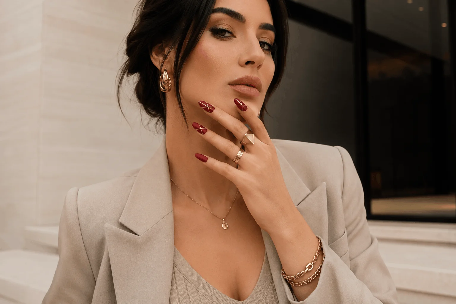 10 Red Nails Summer Ideas You'll Want to Copy Now 7 Elegant matte crimson summer nails with gold accents.