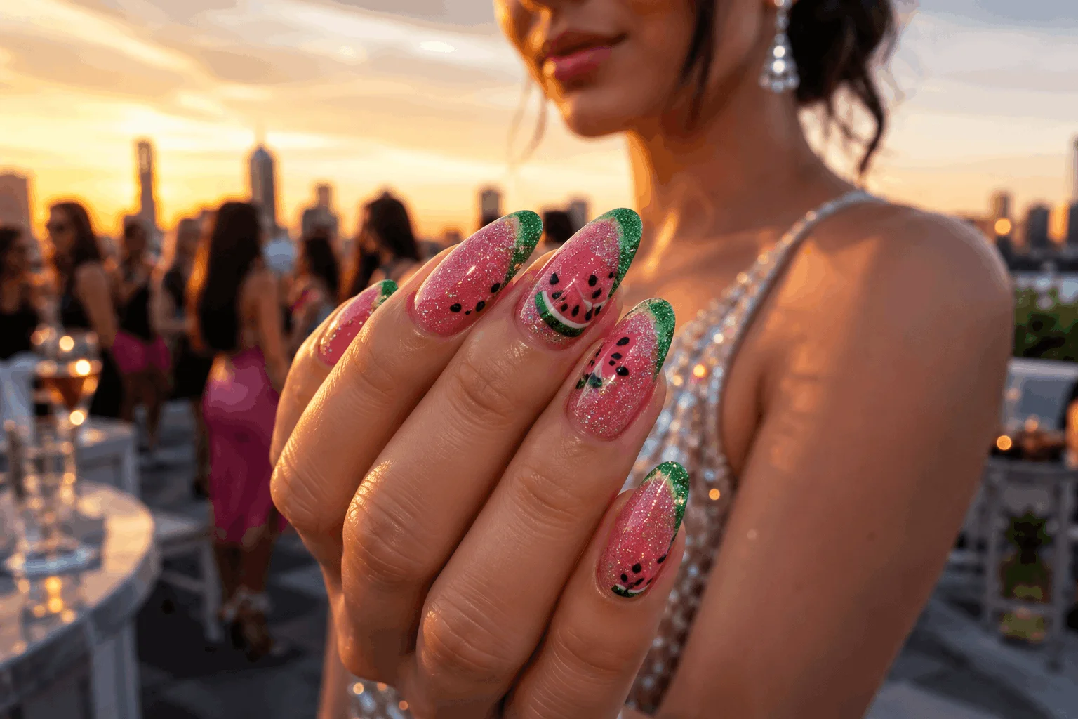 10 Watermelon Nails You'll Want to Copy ASAP 7 Glitter watermelon nails with glamorous summer sparkle.