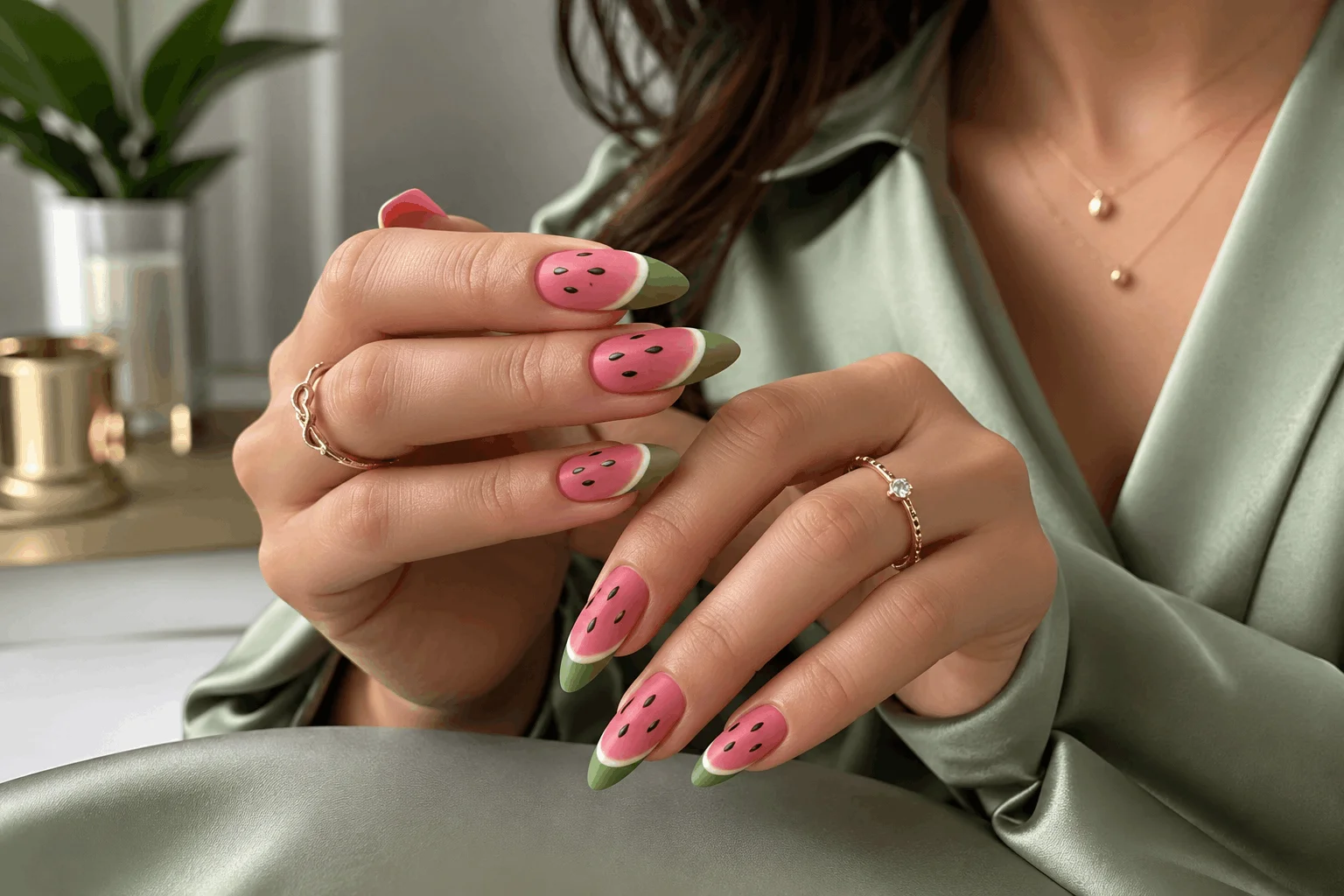 10 Watermelon Nails You'll Want to Copy ASAP 6 Matte watermelon manicure with elegant contrast.
